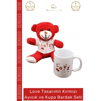#AyıcıkSeti Love Baskılı Tişörtlü Peluş Porselen Hediye Kırmızı Ayıcık Kupa Bardak Seti
