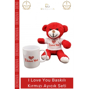 #AyıcıkSeti I Love You Baskılı Tişörtlü Peluş Hediye Kırmızı Ayıcık Porselen Kupa Bardak Seti