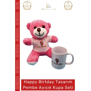 #AyıcıkSeti Happy Birthday Baskılı Tişörtlü Peluş Pembe Hediye Ayıcık Porselen Kupa Bardak Seti