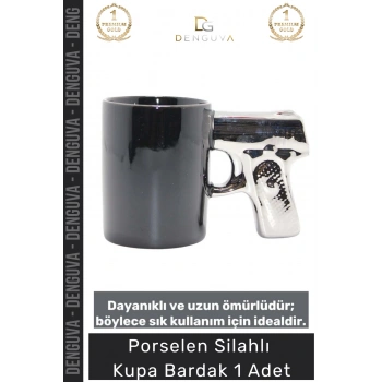 #KupaBardak Hediyelik Porselen Mat Siyah Tasarım Tabancalı Kulp Ofis Ev Aksesuarı Silahlı Kupa Bardak