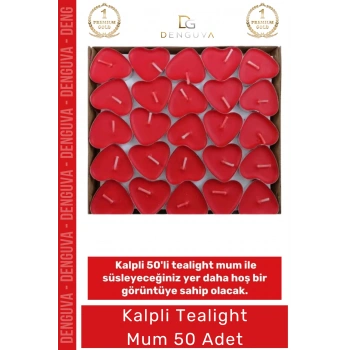 #KalpliMum Kırmızı Romantik Sevgililer Günü Dekoratif Süsleme Hediyelik Kalpli 50li Tealight Mum
