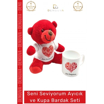 #AyıcıkSeti Peluş Seni Seviyorum Baskılı Tişörtlü Seramik Şık Hediye Ayıcık Kupa Bardak Seti