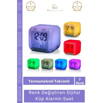 #RenkliSaat 7 Renk değiştiren Gece Lambası Termometre Takvim Işıklı Dijital Küp Alarmlı Masa Çalar Saat