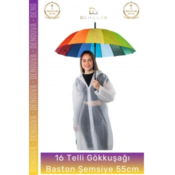 #Şemsiye Otomatik Rüzgara Dayanıklı Fiber Kaliteli Sağlam 16 Telli Gökkuşağı Baston Şemsiye 55cm