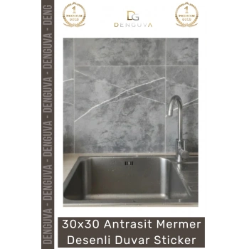 #Sticker 30x30 Antrasit Kendinden Yapışkanlı Mutfak Paneli Folyo Mermer Desenli Duvar Sticker
