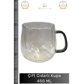 #CamKupa 450ml Isı Yalıtımlı Borosilikat Modern Şık Estetik Dayanıklı Çift Cidarlı Cam Kupa Gri
