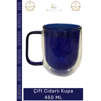 #CamKupa Isı Yalıtımlı Modern Tasarım 450 ml Kapasite Kaliteli Çift Cidarlı Cam Kupa Lacivert