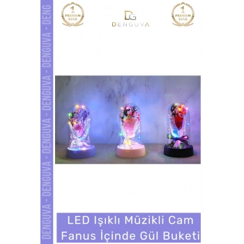 #GeceLambası LED Işıklı Romantik Dekoratif Gece Lambası Estetik Müzikli Cam Fanus İçinde Gül Buketi