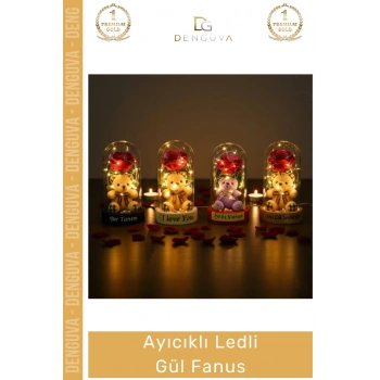 #Fanus Romantik Sevgililer Günü Yıldönümü Işıklı Dekoratif Şeffaf Ayıcıklı Ledli Gül Fanus