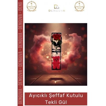 #TekliGül Ayıcıklı Hediyelik Yapay Dekoratif Sevgililer Günü Yıl Dönümü Kalıcı Şeffaf Kutulu Tekli Gül