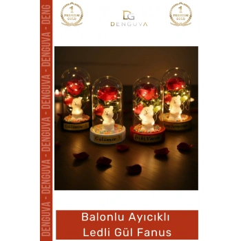 #Fanus Sevgiliye Hediye Romantik Işıklı Dekoratif Işığı Yapay Balonlu Ayıcık Ledli Gül Fanus
