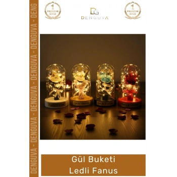 #Fanus Hediye Romantik Dekoratif Cam Işıklı Sevgililer Günü Gece Lambası Gül Buketi Ledli Fanus