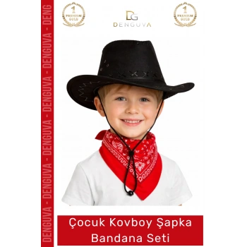 #Kostüm Çocuk Kovboy Şapkası Western Kostüm Aksesuarı Kırmızı Fular Siyah Kırmızı Bandana Seti