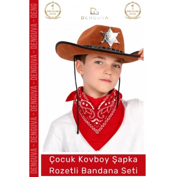 #Kostüm Çocuk Sheriff Batı Tarzı Kostüm Parti Kovboy Şapka Rozetli Kahverengi Kırmızı Bandana Seti