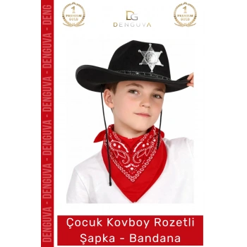#Kostüm Çocuk Kovboy Şapka Sheriff Yıldız Rozet Kostüm Aksesuar Set Rozetli Siyah Kırmızı Bandana