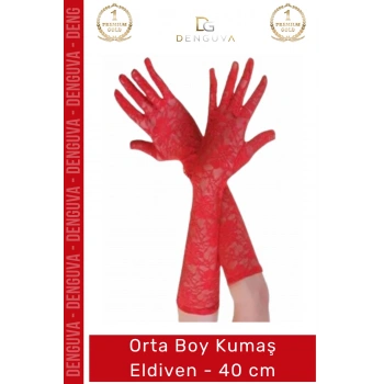 #Eldiven Kırmızı Likralı Saten Dantelli Zarif Şık Davet Parti Kostüm Sahne 40cm Orta Boy Kumaş Eldiven