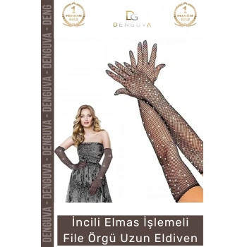 #Eldiven Siyah İncili Elmas İşlemeli 45 cm Likralı Abiye Kostüm Şık Aksesuar File Örgü Uzun Eldiven