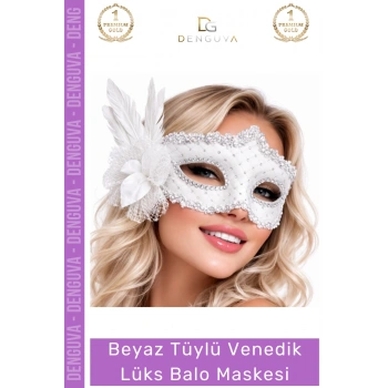 #Maske Beyaz Tüylü Venedik Lüks Tasarım Şık Kostüm Aksesuarı Parti Özel Davet Balo Maskesi