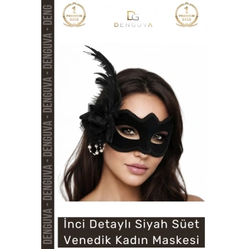 #Maske İnci Detaylı Siyah Süet Venedik Maskesi Tüy Süslemeli Şık Lüks Parti Balo Maskesi
