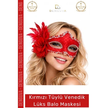 #Maske Kırmızı Tüylü Venedik Tasarım Lüks Parti Kostüm Aksesuarı Gösterişli Şıklık Balo Maskesi
