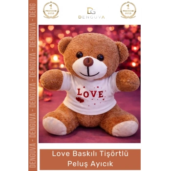 #Peluş 25 cm Love Baskılı Yumuşak Kaliteli Hediyelik Şık Sevimli Tişörtlü Kahverengi Peluş Ayıcık