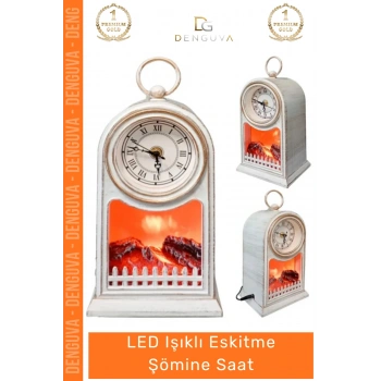 #Saat Antik Dekoratif Nostaljik Fener Masaüstü Hareketli Alevli LED Işıklı Eskitme Şömine Saat