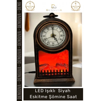 #Saat Vintage Dekoratif Alev Efektli Masa Saati Fener LED Işıklı Siyah Eskitme Şömine Saat