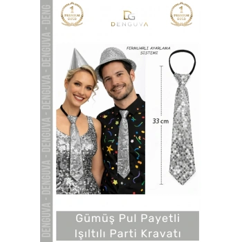 #PartiKravatı Gümüş Pul Payetli Sahne Kostüm Aksesuarı Şık Ayarlanabilir Işıltılı Parti Kravatı 33 cm