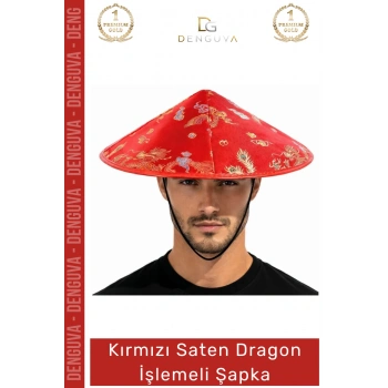 #Şapka Kırmızı Saten Nakışlı Geleneksel Çin Desenli Parti Sahne Dragon İşlemeli Lastikli Şapka