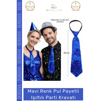 #PartiKravatı Mavi Renk Pul Payetli Fermuarlı Lastikli Sahne Kostüm Işıltılı Parti Kravatı 33 cm