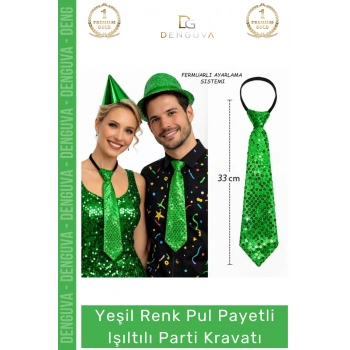 #PartiKravatı Yeşil Renk Pul Payetli Fermuarlı Lastikli Sahne Kostüm Işıltılı Parti Kravatı 33 cm