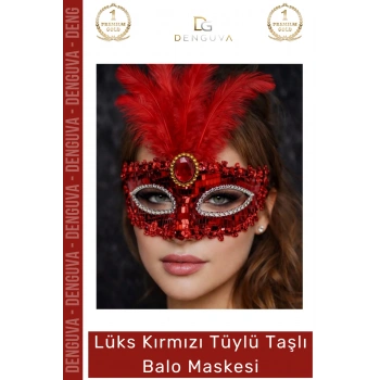#BaloMaskesi Lüks Kırmızı Payetli Pul Detaylı Kostüm Partisi Aksesuarı Kadın Tüylü Taşlı Balo Maskesi