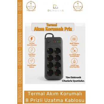 #Priz USB Portlu IQ Akıllı Şarj Termal Koruma 2 Metre Bakır Kablo Şık Korumalı 8 Prizli Uzatma