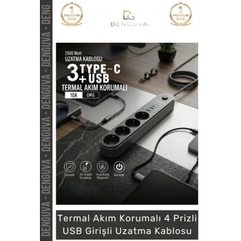 #UzatmaKablo Akım Korumalı TypeC Enerji İstasyonu Priz Hızlı Şarj Kablolu USB Girişli Uzatma Kablosu