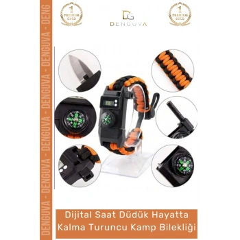 #Bileklik Paracord Dijital Saatli SOS LED Pusula Magnezyum Hayatta Kalma Turuncu Kamp Bilekliği