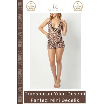 #FanteziGecelik Transparan Yılan Desenli Şık Zarif Seksi Kadın Tül Mini Desenli Fantezi Mini Gecelik