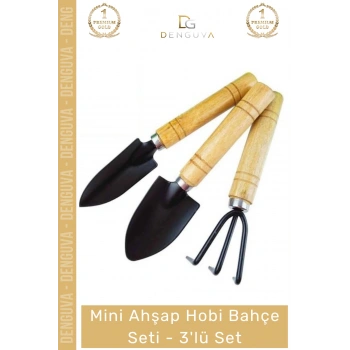 HobiSeti Mini Ahşap Saplı Paslanmaz Çelik El Aletleri Tırmık Kürek Takımı Hobi Bahçe Seti 3 Adet
