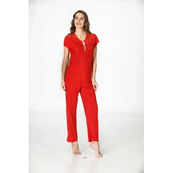#Pijama Kaliteli Esnek Likralı Sağlıklı Rahat Modern Şık Kadın Ev Giyimi Kırmızı Penye Pijama Takımı