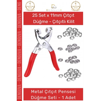 #ÇıtçıtPensesi 11 mm Metal Perçin Dikiş Nakış El İşleri Hobi Tekstil Çıtçıt Pensesi 25 Düğme Seti