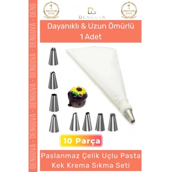 #KremaTorbası Paslanmaz Çelik Pasta Cupcake Uçlu Tasarım Süsleme Torbası Krema Sıkma Seti 10 Parça