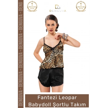 #Babydoll Şık Dantel Detaylı Kaliteli Rahat Kadın Gecelik Pijama Takımı Leopar Babydoll Şortlu Takım