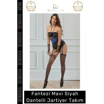 #JartiyerTakım Fantezi Kaliteli Şifon Eldiven Çoraplı Tanga Kadın Mavi Siyah Dantelli Jartiyer Takım
