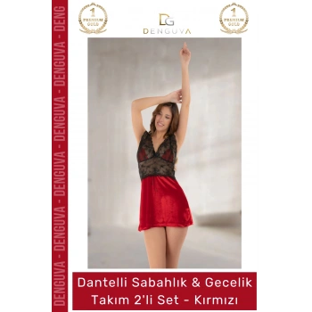 #Gecelik Kadife Kırmızı Dantelli Lüks Çeyizlik Şık Kalite Yeni Sabahlık Gecelik Takım 2li Set