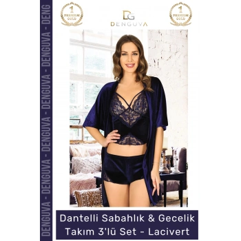#Gecelik Kadife Lacivert Dantelli Şık Büstiyer Şortlu Çeyizlik Sabahlık Gecelik Takım 3lü Set
