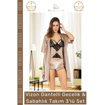 #Gecelik Dantelli Kadife Vizon Lüks Şık Büstiyer Şort Çeyizlik Sabahlık Gecelik Takım 3lü Set