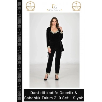 #Gecelik Kadife Siyah Lüks Esnek Likralı Şık Kadın Çeyizlik Sabahlık Gecelik Takım 3lü Set
