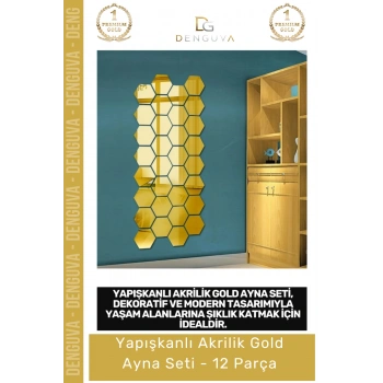 #GoldAyna Dekoratif Altıgen Modern Duvar Dekoru Tasarım Yapışkanlı Akrilik Gold Ayna Seti - 12 Adet