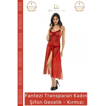 #FanteziGecelik Kaliteli Kumaş Fantezi Dantel Detaylı Şık Tanga Takımı Lüks Zarif Kırmızı Şifon Gecelik