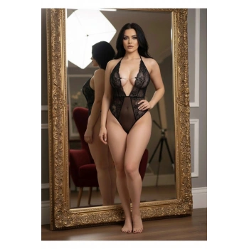 #FanteziBabydoll Şık Tasarım Dantelli Transparan Esnek Kristal Detaylı Kadın Gece Siyah Taşlı Bodysuit