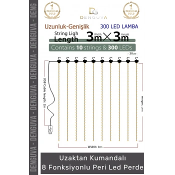 #Led 8 Fonksiyonlu Günışığı Kumandalı Dekoratif Aydınlatma Şık Perde Peri Led (3 mt x 3 mt) - 1 Adet